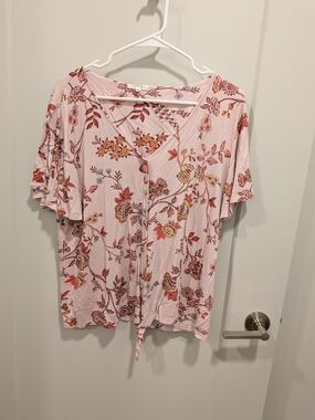 Maurices Pink Floral Tie-Front Flutter Sleeve Top
